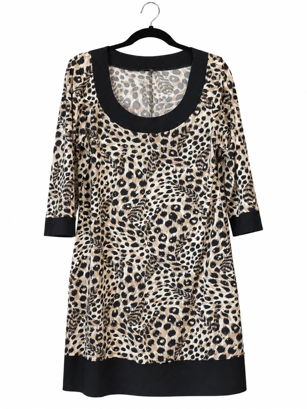 Tiana B. Leopard Print Sequin Shift Dress Black Trim Size L